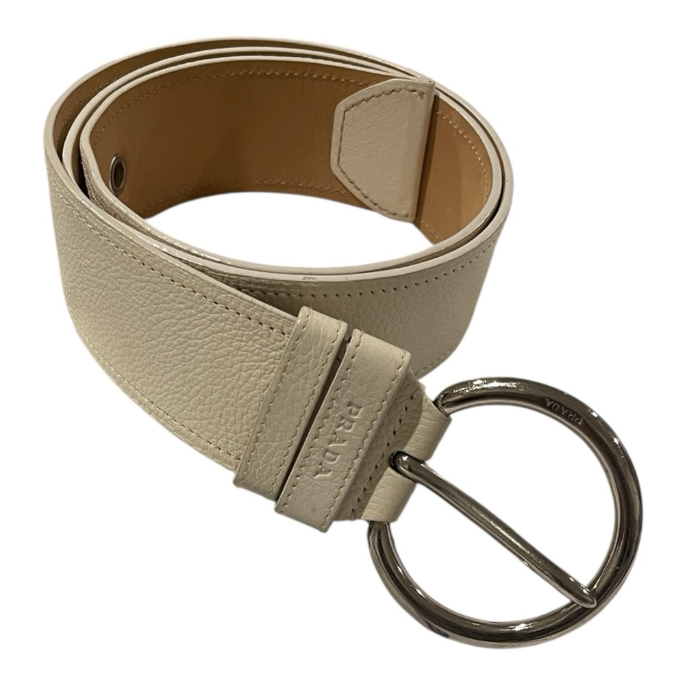 Prada Off-White Leather Belt with Silver Ring Buckle - Picture 9 of 11